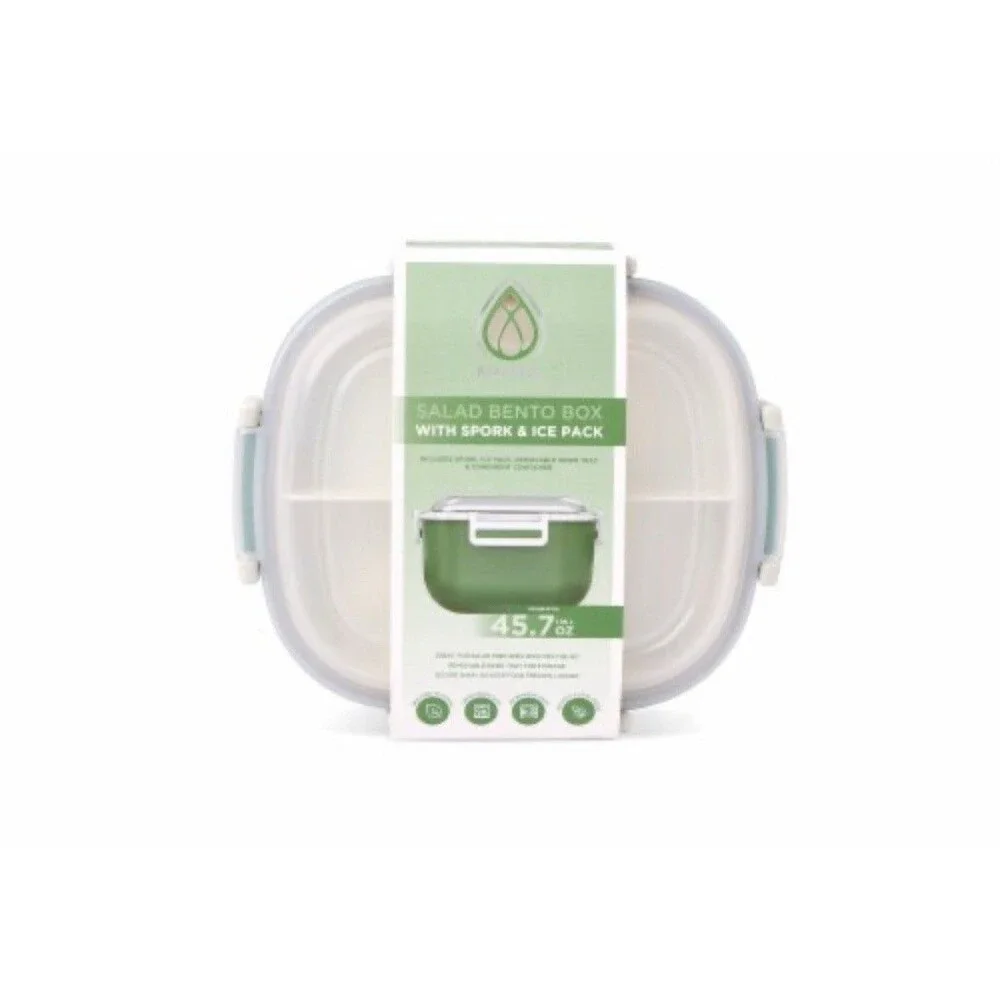 Salad Bento Box Container 4-Compartment Tray with‎ Spork & Ice Pack Green